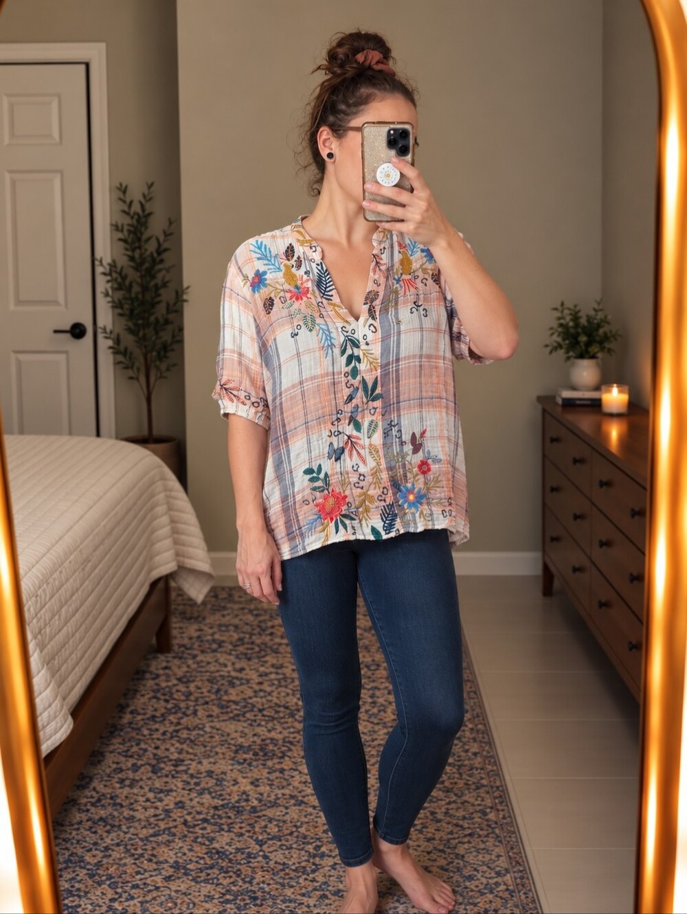 Johnny Was Workshop L Embroidered Plaid Tunic Blouse Leopard Floral Boho